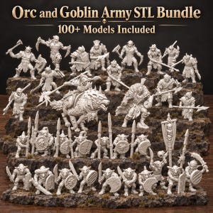 May include: A collection of miniature figurines featuring orcs and goblins in various poses, some mounted on wolves, holding weapons and shields. The text reads: Orc and Goblin Army STL Bundle, 100+ Models Included. The figures are light gray.