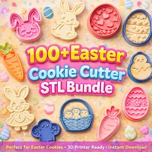 Puede incluir: Un conjunto de cortadores de galletas con temática de Pascua, con formas de conejos, huevos y zanahorias. La imagen muestra el texto "100+ Easter Cookie Cutter STL Bundle". Los cortadores son de color rosa, naranja, azul y crema.