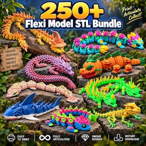 May include: A digital collection of 250+ Flexi Model STL files featuring articulated creatures including dragons, a pumpkin-themed serpent, a shark, and floral-adorned reptiles in various colors like orange, pink, blue, green, and yellow.