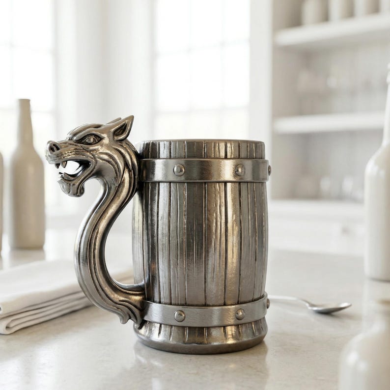 A professional collage showcasing over 20 unique 3D printable STL models for beer mugs and can holders. The image features high-detail designs including a horned Minotaur with gold accents, a gothic skull wearing aviator goggles, and a steampunk gas mask style tankard with copper pipes. The background displays various mythical, viking, and dark fantasy themed mugs in metallic silver and bronze finishes. Large yellow and blue 3D text in the center reads '20+ Can Holder & Beer Mug STL'.