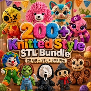 May include: A colourful image displays a variety of knitted dolls, such as a clown, a dog, a cat, and a monkey. The text "200+ Knitted Style STL Bundle" is featured. The dolls are detailed and colourful, with various accessories.