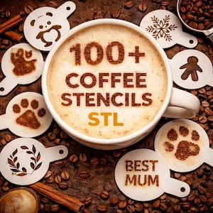 Puede incluir: Una taza blanca llena de café con el texto "100+ COFFEE STENCILS STL" en la espuma. Alrededor de la taza, varios esténciles de café con diseños como una huella de pata, un panda y un copo de nieve. Granos de café y palitos de canela esparcidos.