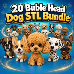 May include: A digital collection of 20 bobblehead dog figurines featuring various breeds like poodles, corgis, and dalmatians. The text 20 Buble Head Dog STL Bundle is displayed in large yellow and white letters against a blue background with paw prints.