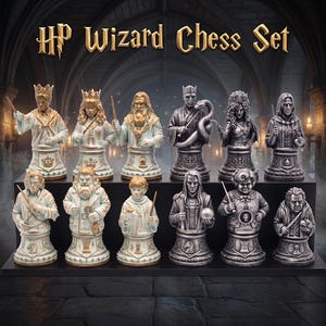 May include: A Harry Potter Wizard Chess Set featuring twelve detailed character busts arranged on a black display stand. The set includes six light-colored pieces and six dark-colored pieces, each depicting a character holding a wand or object.