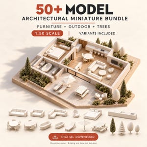 May include: A 50+ model architectural miniature bundle at 1:50 scale featuring furniture, outdoor items, and trees. The set includes various white miniature sofas, tables, beds, bathtubs, lounge chairs, umbrellas, and trees for architectural modeling.