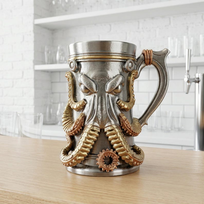 A professional collage showcasing over 20 unique 3D printable STL models for beer mugs and can holders. The image features high-detail designs including a horned Minotaur with gold accents, a gothic skull wearing aviator goggles, and a steampunk gas mask style tankard with copper pipes. The background displays various mythical, viking, and dark fantasy themed mugs in metallic silver and bronze finishes. Large yellow and blue 3D text in the center reads '20+ Can Holder & Beer Mug STL'.