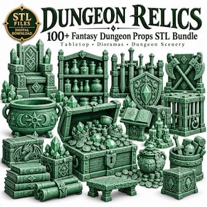 Può includere: Un pacchetto di download digitale con oltre 100 oggetti di scena per dungeon fantasy con texture in pietra verde, tra cui un trono, uno scrigno del tesoro, scaffali per pozioni, rastrelliere per armi, libri, pergamene e monete.