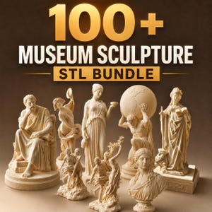 Puede incluir: Una colección digital titulada 100+ MUSEUM SCULPTURE STL BUNDLE que presenta varias estatuas clásicas de color blanco roto, incluyendo una figura sentada, un titán cargando un globo, un busto y varias figuras drapeadas de pie.
