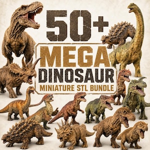 May include: A collection of various dinosaur figurines in shades of brown and green, arranged around central text that reads 50+ MEGA DINOSAUR MINIATURE STL BUNDLE. The figures include theropods, sauropods, and armored dinosaurs with detailed textures.