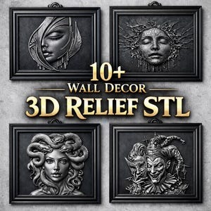 May include: Four framed 3D relief wall decor pieces. The artwork features detailed faces, including a woman with closed eyes, a face with a crown of thorns, Medusa, and a jester. The text "10+ WALL DECOR 3D RELIEF STL" is displayed.