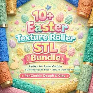 May include: A colorful image showcasing a collection of Easter-themed texture rollers. The image features the text "10+ Easter Texture Roller STL Bundle" with additional text indicating the product is for cookie dough and clay. The rollers are in various colors and designs.