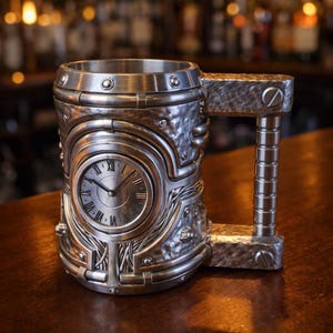 A professional collage showcasing over 20 unique 3D printable STL models for beer mugs and can holders. The image features high-detail designs including a horned Minotaur with gold accents, a gothic skull wearing aviator goggles, and a steampunk gas mask style tankard with copper pipes. The background displays various mythical, viking, and dark fantasy themed mugs in metallic silver and bronze finishes. Large yellow and blue 3D text in the center reads '20+ Can Holder & Beer Mug STL'.