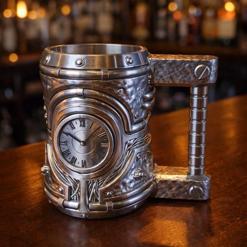 A professional collage showcasing over 20 unique 3D printable STL models for beer mugs and can holders. The image features high-detail designs including a horned Minotaur with gold accents, a gothic skull wearing aviator goggles, and a steampunk gas mask style tankard with copper pipes. The background displays various mythical, viking, and dark fantasy themed mugs in metallic silver and bronze finishes. Large yellow and blue 3D text in the center reads '20+ Can Holder & Beer Mug STL'.