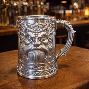A professional collage showcasing over 20 unique 3D printable STL models for beer mugs and can holders. The image features high-detail designs including a horned Minotaur with gold accents, a gothic skull wearing aviator goggles, and a steampunk gas mask style tankard with copper pipes. The background displays various mythical, viking, and dark fantasy themed mugs in metallic silver and bronze finishes. Large yellow and blue 3D text in the center reads '20+ Can Holder & Beer Mug STL'.