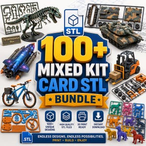 100+ Kit Card STL-bundel – 3D-puzzelmodellen, voertuigen, dieren, figuren (digitale download)