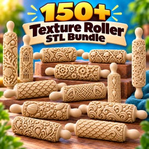 May include: A collection of tan texture rollers featuring various embossed designs including skulls, gears, space themes, floral patterns, and ocean motifs. The image includes the text 150+ Texture Roller STL Bundle displayed at the top.