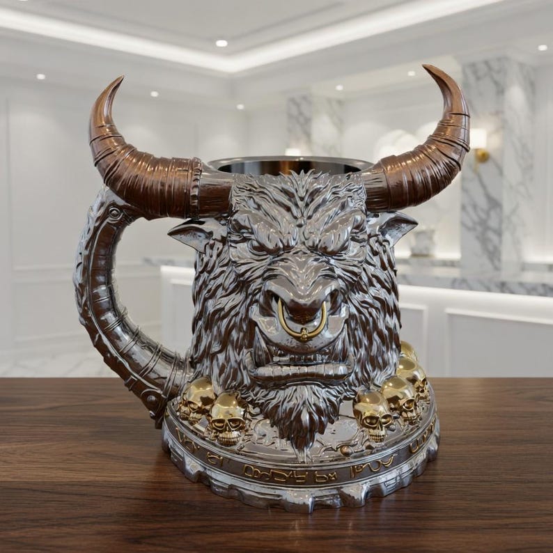 A professional collage showcasing over 20 unique 3D printable STL models for beer mugs and can holders. The image features high-detail designs including a horned Minotaur with gold accents, a gothic skull wearing aviator goggles, and a steampunk gas mask style tankard with copper pipes. The background displays various mythical, viking, and dark fantasy themed mugs in metallic silver and bronze finishes. Large yellow and blue 3D text in the center reads '20+ Can Holder & Beer Mug STL'.