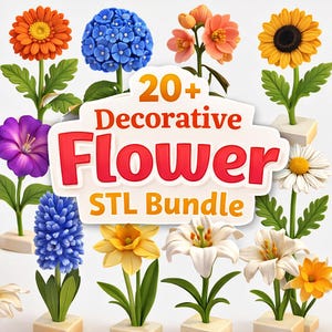 May include: A collection of colorful, decorative flower models, including a sunflower, daisy, and hydrangea. The image features a variety of blooms in shades of orange, yellow, purple, and white. The text on the image reads "20+ Decorative Flower STL Bundle."