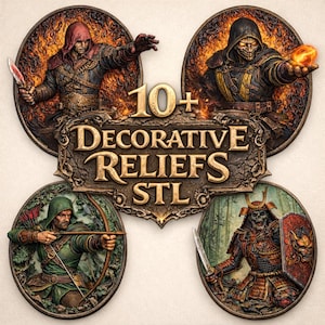 May include: A collection of decorative relief designs featuring fantasy characters. The designs include a hooded assassin with a knife, a figure with a flaming hand, an archer with a bow, and a samurai warrior. The text "10+ Decorative Reliefs STL" is also present.