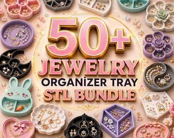 Puede incluir: Una colección de varias bandejas organizadoras de joyas en diferentes formas y colores, incluyendo diseños de flores, gatos y corazones. La imagen presenta el texto "50+ JEWELRY ORGANIZER TRAY STL BUNDLE".