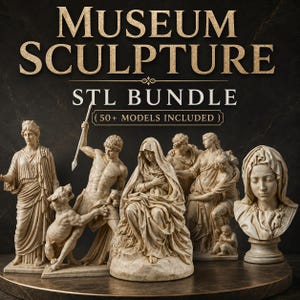 以下が含まれることがあります： MUSEUM SCULPTURE STL BUNDLE (50+ MODELS INCLUDED) と題された3Dプリント用ファイルのデジタルコレクション。画像には、神々の像、座っている人物、胸像など、ベージュ色の石のような質感を持つ5つの古典的な彫像が写っています。