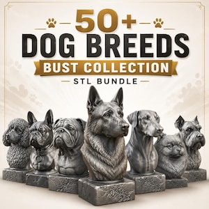 Op de afbeelding: Een digitale collectie van 50+ dog breeds bust collection STL bundle met zeven gedetailleerde grijs-metaalkleurige hondenkopsculpturen op vierkante sokkels, waaronder een poedel, een buldog en een Duitse herder, met tekstoverlay.