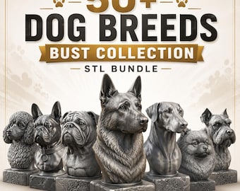 May include: A digital collection of 50+ dog breeds bust collection STL bundle featuring seven detailed grey metallic-toned dog head sculptures on square bases, including a poodle, bulldog, and German shepherd, with text overlay.