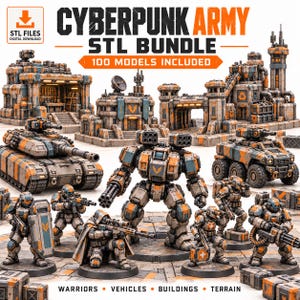 Puede incluir: Un paquete de descarga digital de 100 archivos STL de Cyberpunk Army que incluye modelos en miniatura de tanques blindados, un gran robot de combate, soldados con rifles y escudos, y edificios industriales con acabados en gris y naranja.