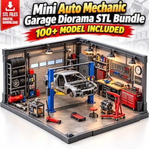 May include: A digital download bundle featuring a mini auto mechanic garage diorama with over 100 models. The scene includes a silver car on a blue lift, a red engine hoist, a red tool chest, a tire rack, workbenches, and various mechanic tools.