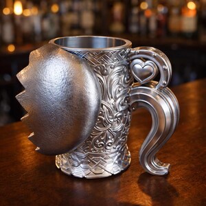 A professional collage showcasing over 20 unique 3D printable STL models for beer mugs and can holders. The image features high-detail designs including a horned Minotaur with gold accents, a gothic skull wearing aviator goggles, and a steampunk gas mask style tankard with copper pipes. The background displays various mythical, viking, and dark fantasy themed mugs in metallic silver and bronze finishes. Large yellow and blue 3D text in the center reads '20+ Can Holder & Beer Mug STL'.