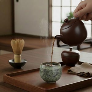 Könnte beinhalten: Eine braune Teekanne gießt Tee in eine grün-graue Keramiktasse. Ein Bambusbesen und ein kleiner brauner Behälter stehen auf einem Holztablett. Dampf steigt aus der Tasse auf. Traditionelle Teezeremonie-Einstellung.