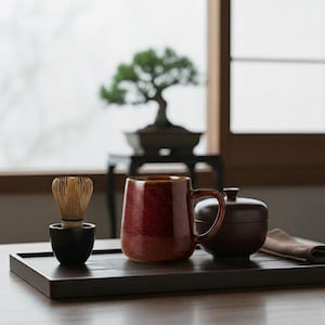 Può includere: Una tazza in ceramica con smalto screziato rosso e marrone, un frustino per matcha in bambù in un supporto nero e un contenitore marrone scuro con coperchio, disposti su un vassoio rettangolare in legno su una superficie piana.