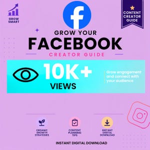 May include: A digital graphic titled Grow Your Facebook Creator Guide on a light purple background. It features the Facebook logo, a 10K+ views icon, and text detailing organic growth strategies, content planning tips, and instant digital download.