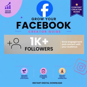 May include: A light blue digital guide titled Grow Your Facebook Creator Guide featuring a Facebook logo, a 1K+ followers icon, and text about growing engagement. Includes icons for organic growth strategies, content planning, and digital download.