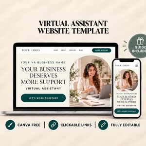 May include: A virtual assistant website template displayed on a laptop and smartphone screen. The design features a cream background, dark green buttons, and text reading "Virtual Assistant Website Template" and "Your Business Deserves More Support."