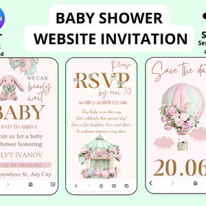 Pode incluir: Design de convite para site de chá de bebê. O design apresenta três telas de celular com gráficos temáticos de bebês. A primeira tela tem um coelho e o texto "Baby". A segunda tela diz "RSVP". A terceira tela diz "Save the date".
