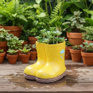 May include: Two yellow wellington boots used as planters, filled with green succulents. The boots have a brown sole and a blue cloud and raindrop design. The background shows various potted plants, creating a garden scene.