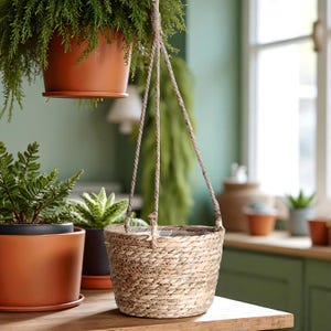 Könnte beinhalten: Ein gewebter Hängekorb aus Naturfasern, der an geflochtenem Seil aufgehängt ist. Der Korb ist leer und hat eine hellbraune Farbe. Weitere Terrakotta-Töpfe mit grünen Pflanzen befinden sich im Hintergrund und schaffen eine natürliche, erdige Ästhetik.