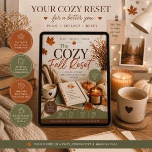 Könnte beinhalten: Ein digitales Tablet mit dem Titel The Cozy Fall Reset, einem 30-Tage-Herbst-Wellness- und Selbstpflege-Journal. Der Bildschirm zeigt ein Notizbuch mit Spiralbindung, eine Tasse, eine Kerze und Kürbisse. Text enthält Plan, Reflect, Reset und 70+ Seiten.