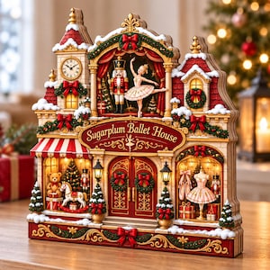 Nutcracker Ballet House 2D Wooden Block, Sugar Plum Christmas Decor, Ballet Dancer Shelf Sitter, Holiday Table Decor
