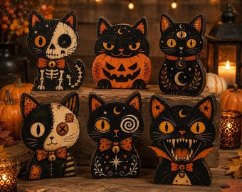Pode incluir: Um conjunto de seis figuras decorativas de madeira em forma de gato com vários designs temáticos de Halloween, incluindo um gato esqueleto, um gato numa abóbora, um gato celestial, um gato remendado, um gato com estrelas e um gato vampiro com presas.