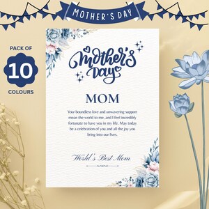 Op de afbeelding: Moederdagkaart met bloemaccenten. De kaart toont de woorden "Mother's Day" en "Mom" in een elegant lettertype. De kaart bevat een oprecht bericht en maakt deel uit van een pak van 10 kaarten in verschillende kleuren.