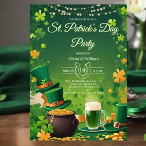 May include: St. Patrick's Day party invitation with green and gold accents. The invitation features a pot of gold, green beer, leprechaun hats, and shamrocks. Text includes "St. Patrick's Day Party" and event details.