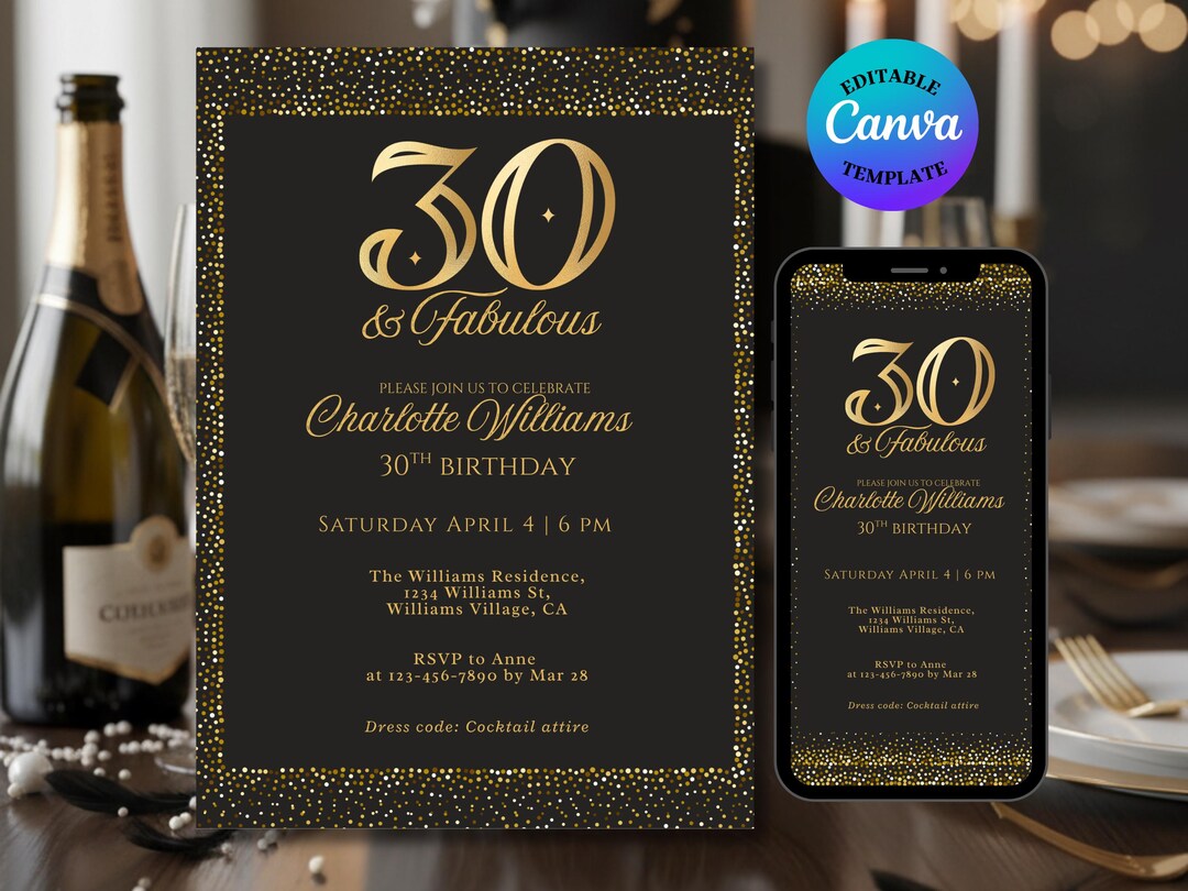 Luxury 30th Birthday Invitation Template, Printable Black & Gold ...