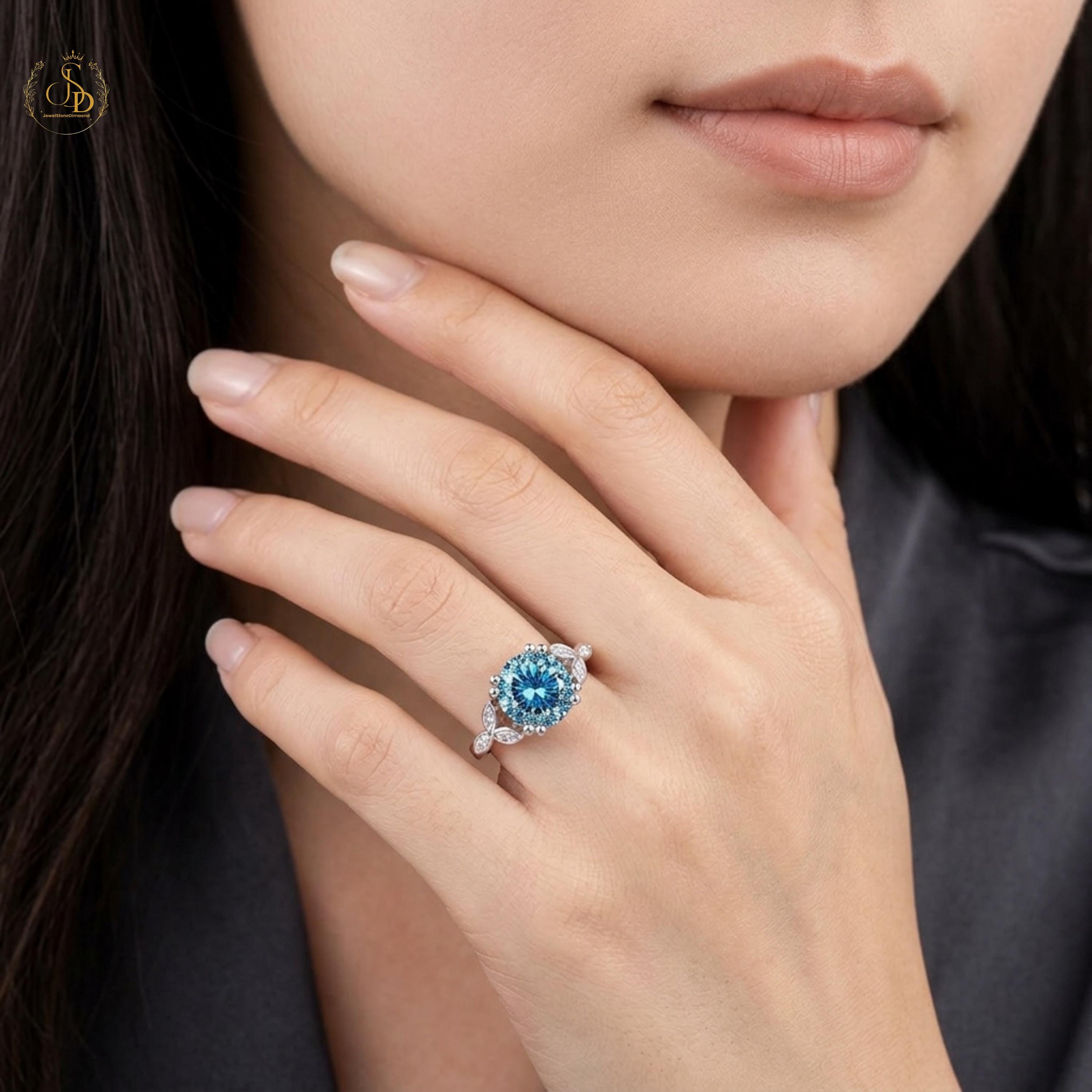 3ct Aqua Blue Engagement Ring, Round Cut Teal Blue Stone Ring, Floral ...