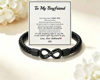 Personalized Infinity Leather Bracelet, To My Boyfriend Engraved Men's Gift, Custom Text Magnetic Clasp Bracelet