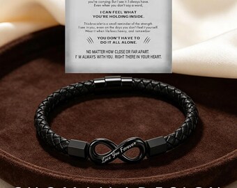 Blank Card Infinity Leather Bracelet, Personalized Custom Engraved Mens Wristband, Magnetic Clasp, All Occasion Gift for Him