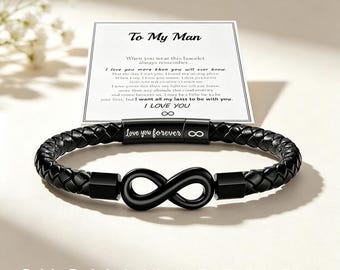 Custom Engraved "To My Man" Leather Bracelet - Black Braided Infinity Knot Wristband with Love Message Card, Meaningful Couple Gift
