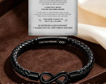 Blank Card Braided Infinity Leather Bracelet, Personalized Custom Engraved Mens Wristband, 20 Char Max, All Occasion Gift for Him