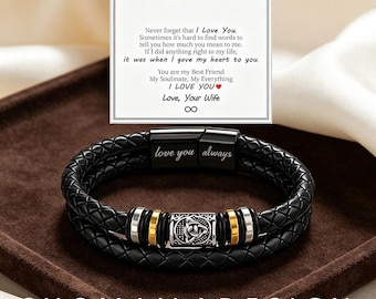 To My Husband Leather Bracelet, Personalized Custom Engraved Mens Wristband, Vintage Double Wrap, Anniversary Valentines Gift for Him